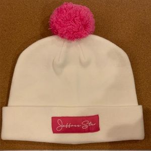 Jeffree Star beanie with Pom Pom, white & pink